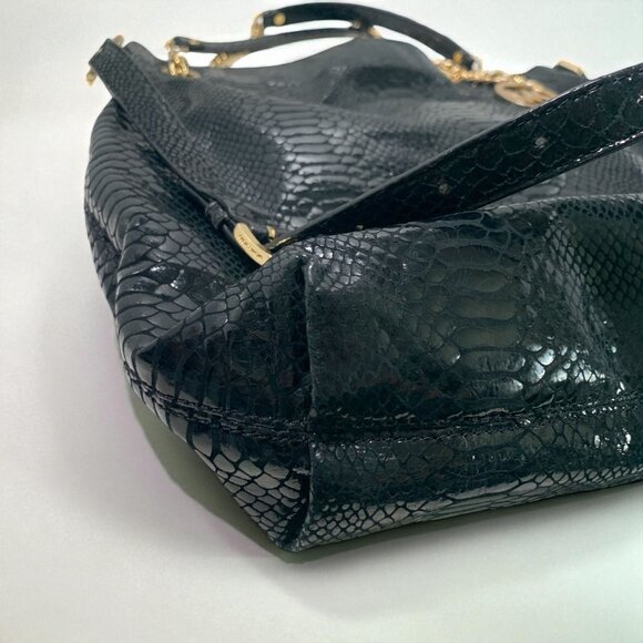 Michael Kors Black Python-Embossed Leather Tote Gold Chain Straps & Logo Charm - Picture 10 of 11
